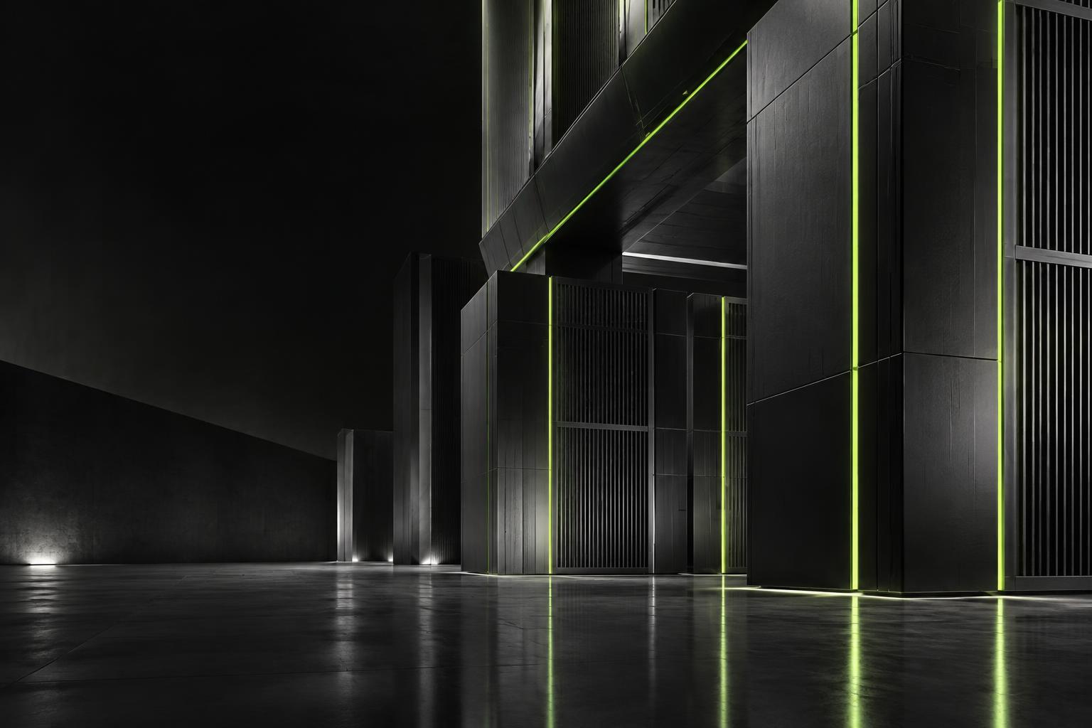 Dark architectural technology infrastructure with precise illuminated signal lines